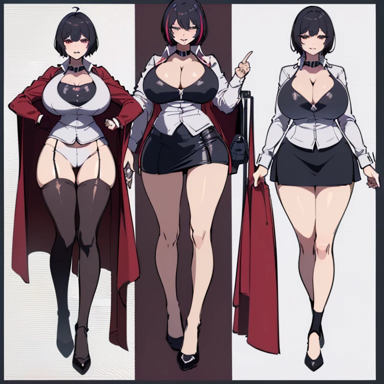 milf,((black hair)),(((very short skirt)),panties visible under the skirt,((transparent shirt, shirt with open zip, breasts visible in the shirt, huge breasts, erect breasts,((standing, legs open)), staring face, with tongue out