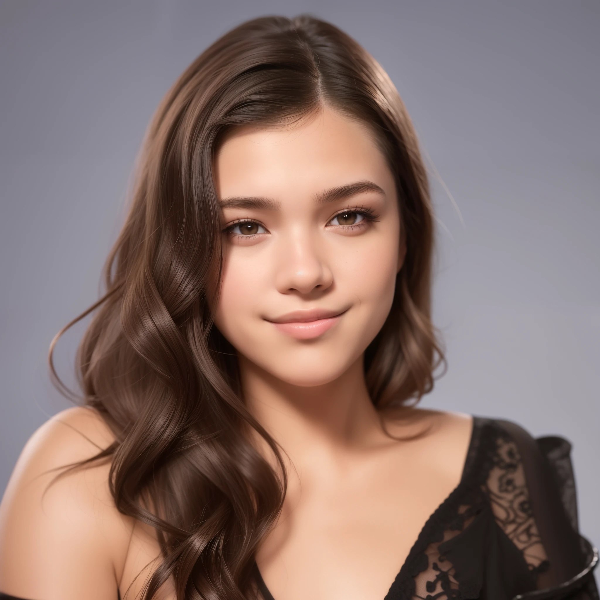 Un primer plano de una mujer con cabello largo con un vestido negro, Hailee Steinfeld, Retrato Sophie Mudd, Retrato de Barbara Palvin, Barbara Palvin, cabello ondulado hasta los hombros, valentina revolver, leve sonrisa, Hermosa modelo, facing toward camera, mirando hacia un lado, cara muy bonita, Artistas
