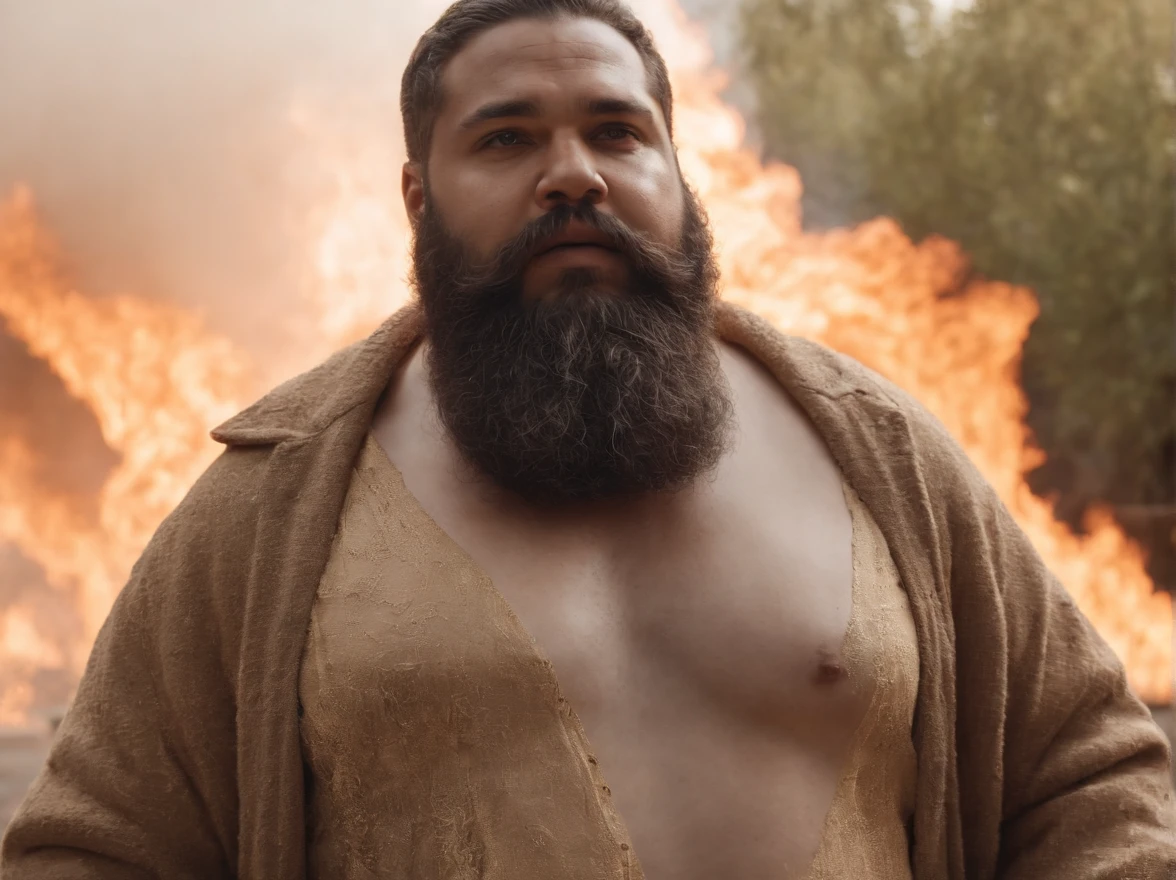 big burning mercedes symbol statue with a fat bearded man walking away from it