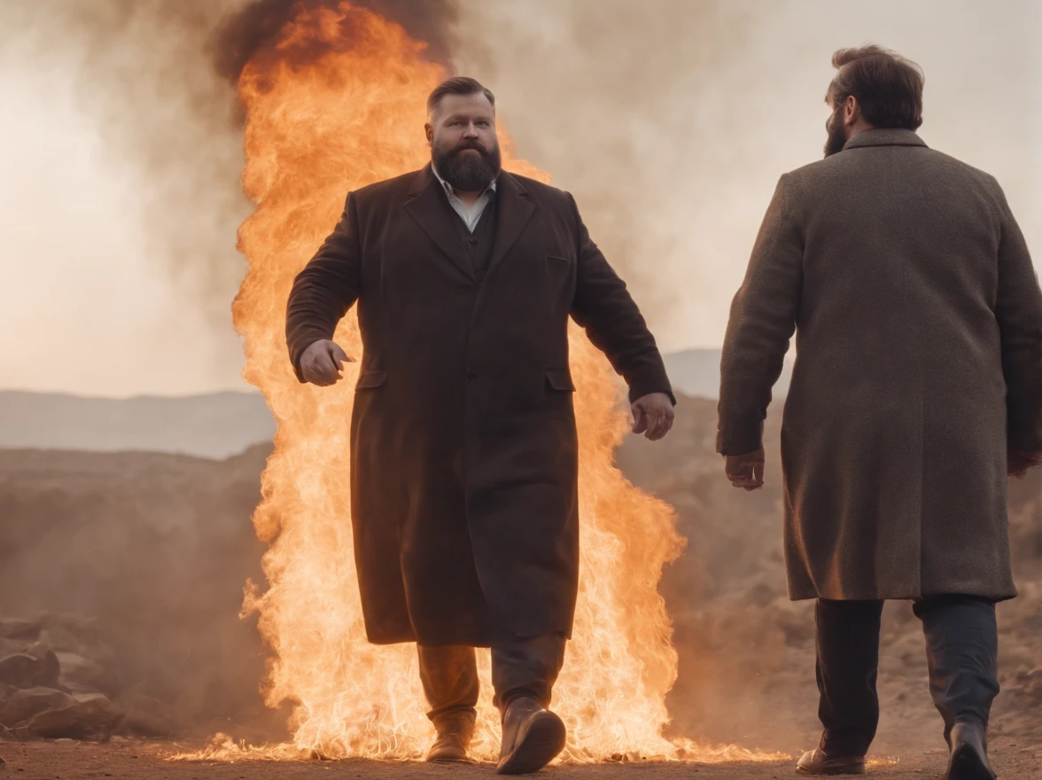big burning mercedes symbol statue with a fat bearded man walking away from it