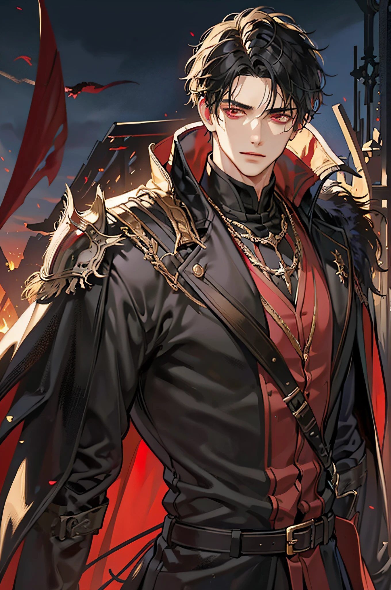 1 male, short messy black hair with fringe, handsome, blood red eyes, detailed eyes, tall and lean body, condescending, arrogant, dark magic, royalty, tyrannical ruler, wearing black and gold, medieval fantasy, dark souls, armor