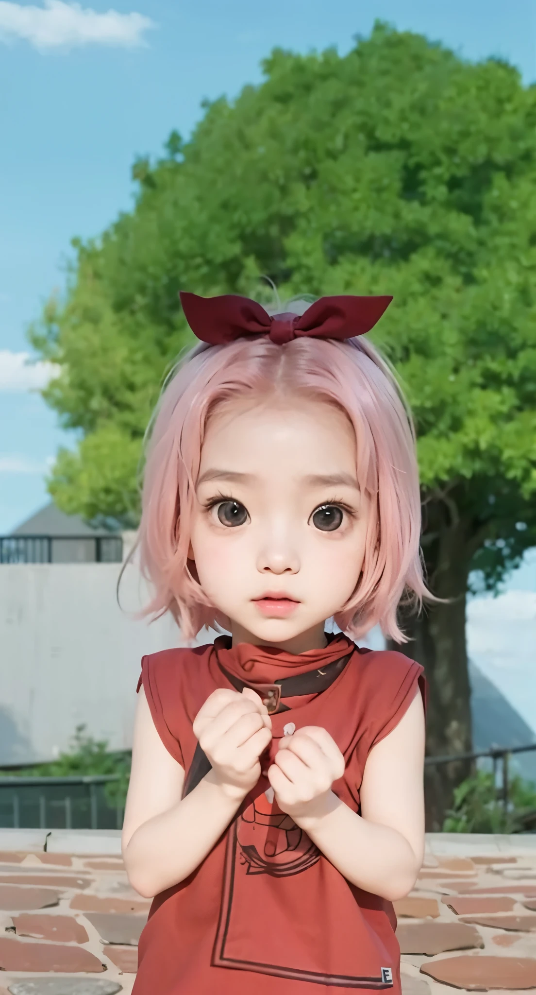 Real life adaption of this character ,The beauty korean face of a , realistic same light pink hair with red bandana, (realistic same outfit), realistic background , realistic light, realistic shadow, realism, hyper realistic,(photorealistic:1.2),