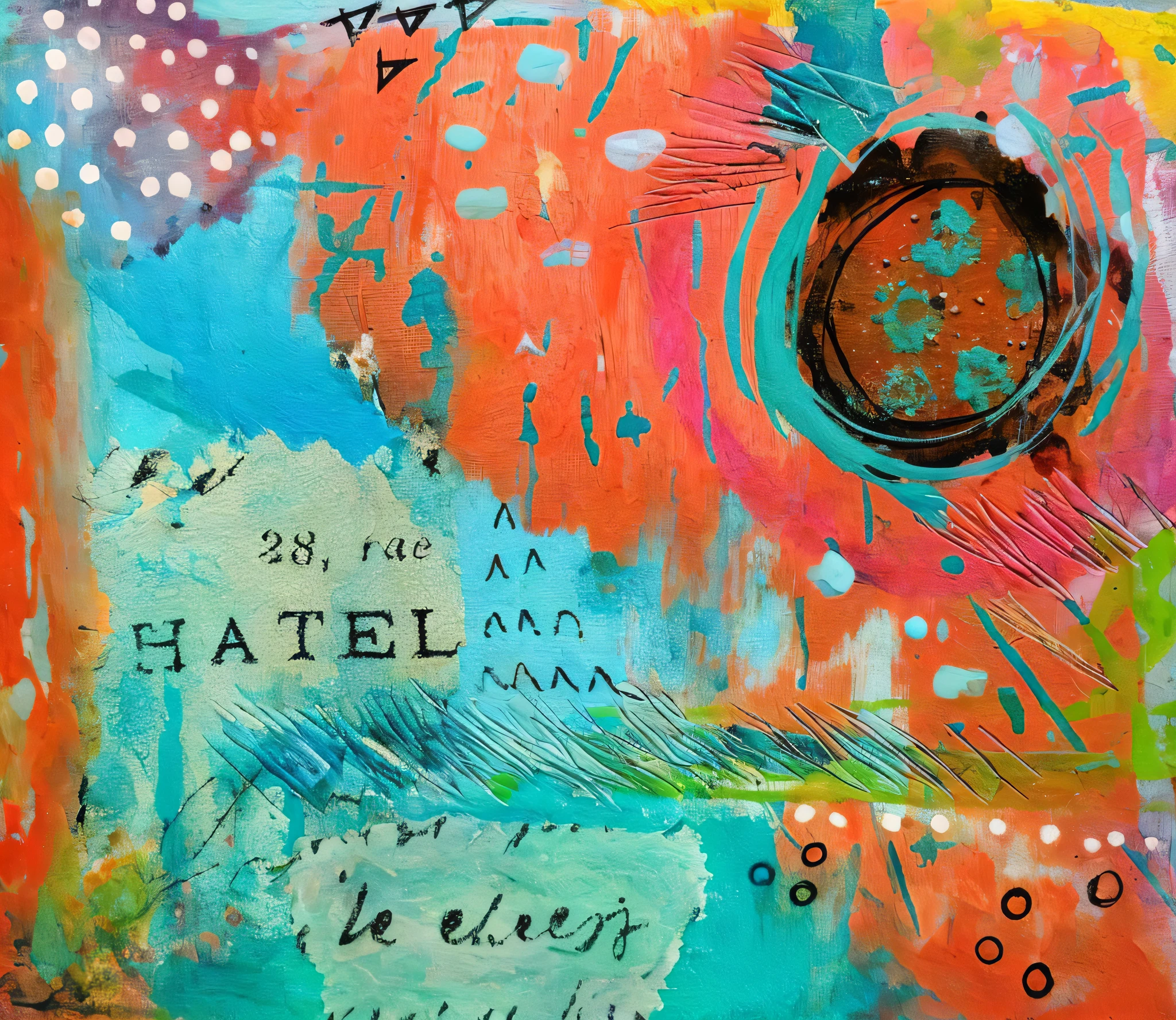 a colorful painting,There is a red circle on it, Mixed media painting details, Mixed media painting, Full color mixed media painting, HD mixed media collage, Inspired by Isabelle Naftel, mixed media with clay form, Mixed media collage, Mixed media tear paper collage, neon color mixed media painterly, Inspired by Béthier Sarr