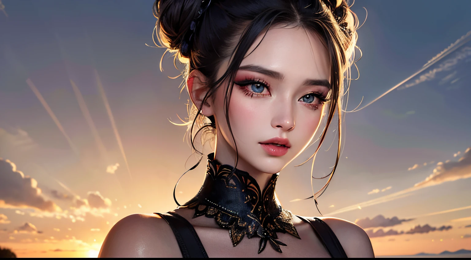 masterpiece, best quality, 8k, beautiful face, high detailed skin,hyper detailed,ultra high res, photorealistic, high resolution, ,lens flare, (Top knot bun:1.5),(same makeup for both eyes:1.5),perfect face,ralistic eyes, detailed lighting, detailed eyes,detailed skin, detailed shadows,ralistic skin,(opened mouth:1.02), (closed eyes:0.9),no make-up,,looking_at_viewer,upper body