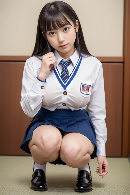 (Best Quality,8K,Raw photo,Realistic,High resolution:1.2),(cute Japanese girls),(Huge breasts:1.20),(Slim body、Naughty body),(Japan High School School Uniform、You can see the chest、The lines of the body are visible、Ultra mini skirt、I almost see my panties..),(school classrooms),(18year old、Idol)Squatting、M-shaped legs