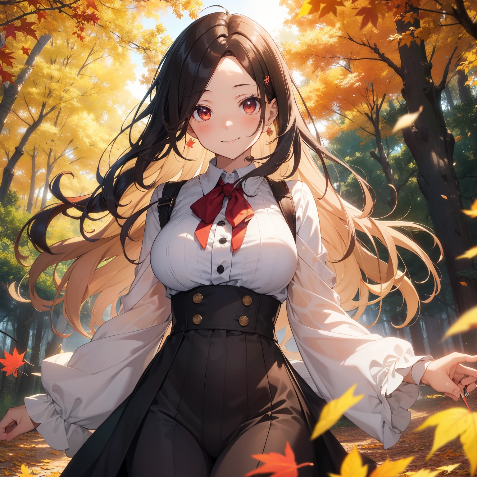 (masutepiece,Best Quality,8K),(extremely detailed CG1.1),s girl,Smile,large boob,(From below:1.2),Intricate details , Hyper realistic, Perfect Anatomy,A dark-haired,Red Eyes,(((Forehead))),Permed hair with wavy hair,(((length hair))),Hair over one eye,hair slicked back,Full body,Beige checked dress,blush,Happy smile,Forest with deepening autumn leaves,Colored leaves,Lens Flare,Wind,Magnificent view,(chromatic abberation:1.3),Dynamic Angle,Cowboy Shot,Looking at Viewer,cafes