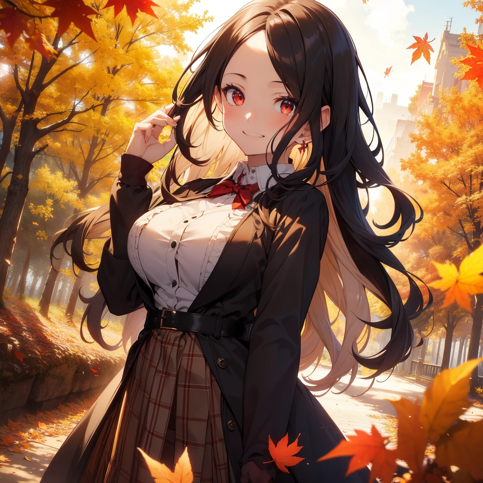 (masutepiece,Best Quality,8K),(extremely detailed CG1.1),s girl,Smile,large boob,(From below:1.2),Intricate details , Hyper realistic, Perfect Anatomy,A dark-haired,Red Eyes,(((Forehead))),Permed hair with wavy hair,(((length hair))),Hair over one eye,hair slicked back,Full body,Beige checked dress,blush,Happy smile,Forest with deepening autumn leaves,Colored leaves,Lens Flare,Wind,Magnificent view,(chromatic abberation:1.3),Dynamic Angle,Cowboy Shot,Looking at Viewer,cafes