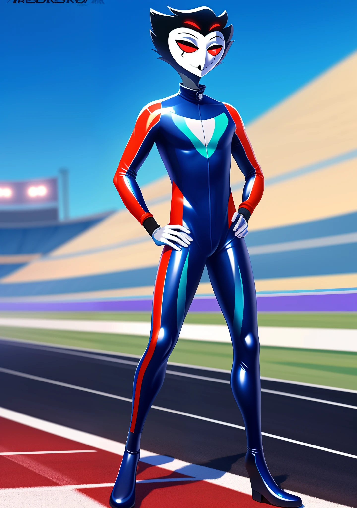 ((masterpiece)), ((8k quality)), (no watermark), stolas, male, mouth closed, detailed race track background, standing, one hand on hip, other hand at side, (solo:1.4), sleek, ((shiny)) futuristic ((full body)) racing suit