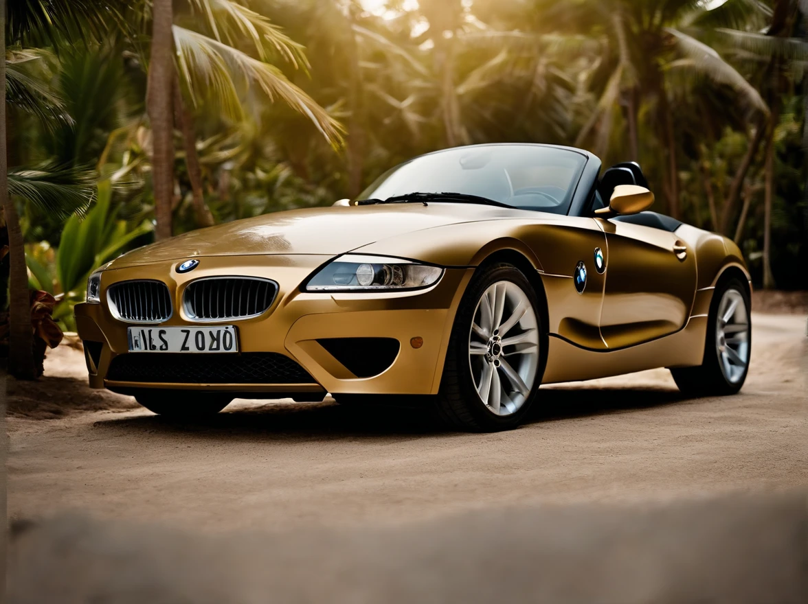 Golden BMW z4 2008 on a tropical island