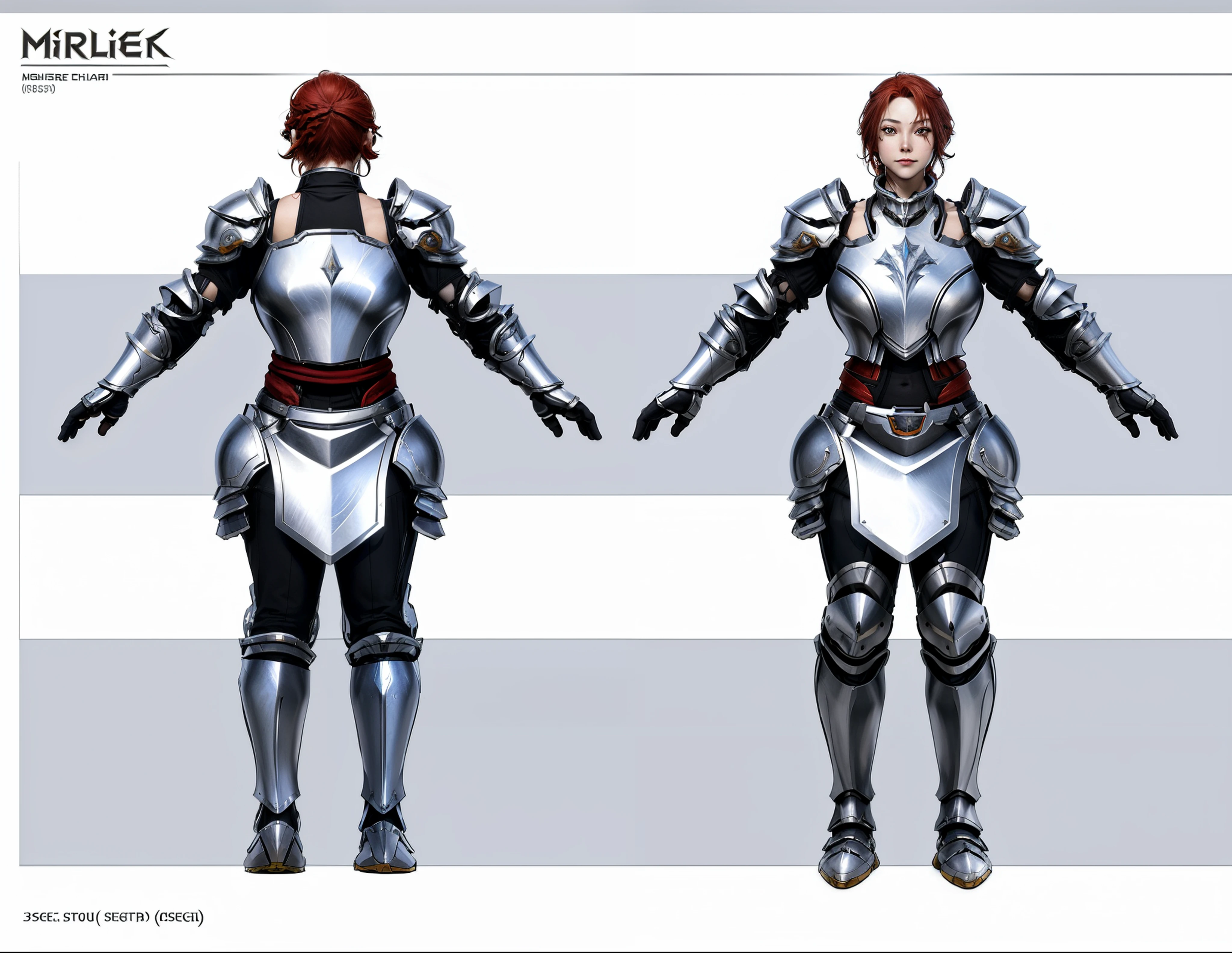 (masterpiece:1.1),(highest quality:1.1),(HDR:1),extreme quality, a close up of a person in armor with red hair, full body character concept, full body concept, detailed full body concept art, concept armor, detailed full body concept, full body concept art, valkyrie style character, game character design, concept character, full body character concept art, 3 d character reference sheet, female mecha, video game character concept, detailed character design, character sheet, character model sheet turnaround , front and back, front and back, Paladin wearing Silver Chain Armor with Moonlit Edges, black pants inside, red loincloth