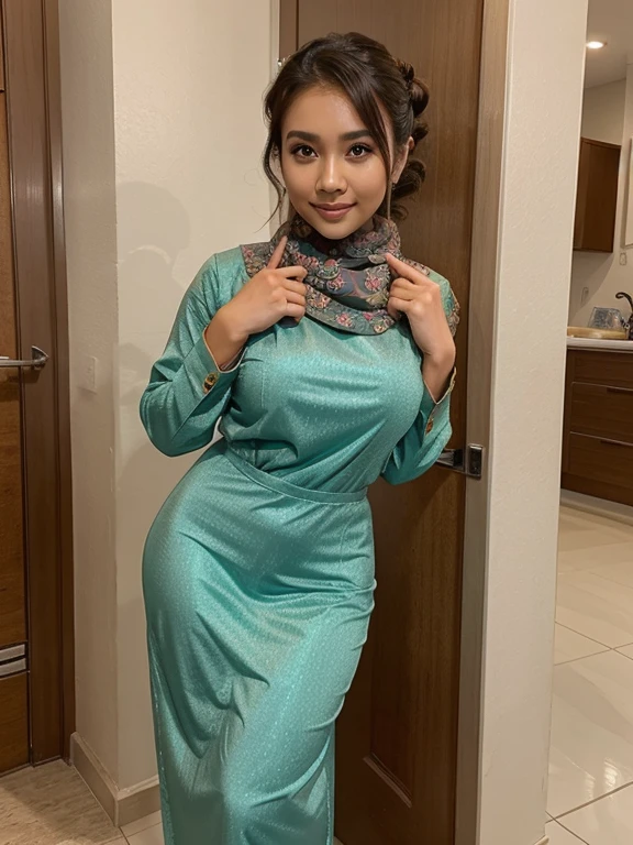 Malay, 20 years old, sexy, cute, bun hair cuts, mature tan, full body, lust, Nia irwan, realistic, 8k, detailed finger, Sabah, baju kurung, wearing hijab