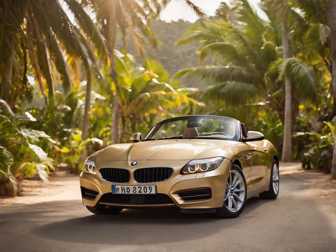 Golden BMW z4 2008 on a tropical island