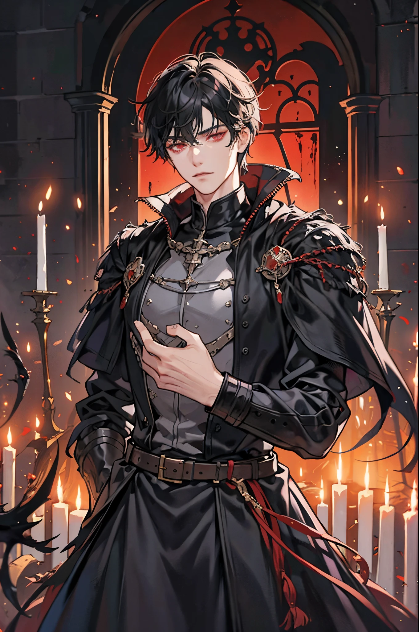 1 male, adult, adult face, short messy black hair with bangs, handsome, blood red eyes, detailed eyes, condescending, arrogant, prince, tyrannical ruler, medieval fantasy, dark souls, close up, calm, candles background