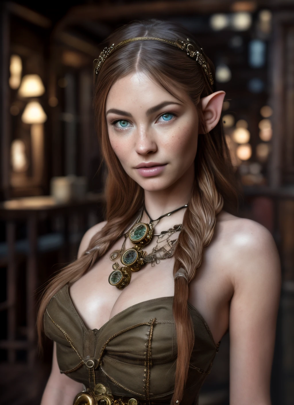 masterpiece, hyper realistic, detailed, best quality, award-winning photo, gorgeous sexy elven woman, elf, elven, darker olive skin tone, dark brown hair in side braid, attentive expression, subtle grin, four breasts, steampunk ballroom, steampunk party, wearing elegant 1900s ball dress, dress, ball dress, stunning cocktail dress, 4 small breasts, super detailed, beautiful and aesthetic, beautiful, masterpiece, best quality, raw, masterpiece, super fine photo, best quality, super high resolution, photorealistic realism, dynamic pose, vibrant eyes, (from the front), detailed face, detailed complex busy background, elegant, highly detailed skin, realistic skin details, sharp focus, 8k uhd, DSLR camera, high quality, photo realism, steampunk city, translucent, full body,