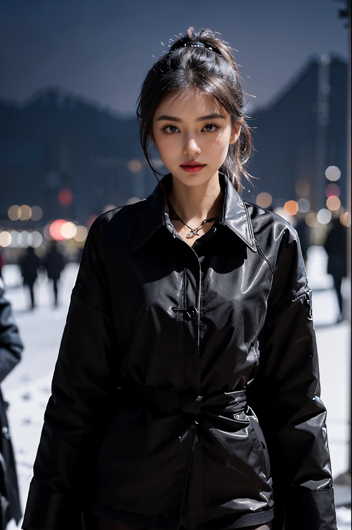 (shoulder-length straight black bob hair:1),((((8k))),((Extremely meticulous CG)) ,(wallpaper),16k,((Extremely refined and beautiful))，(((Masterpiece))),(((best qualtiy))),(((Ultra High Resolution))),beautiful light up，Perfect lightning，realistic shaded，[A high resolution],(Smooth and flawless fair skin:1.5),Extremely exquisite facial details,(perfect body：1.1),ultra - detailed,A beautiful girl,small head,((very short ponytail)),small face,Exquisite makeup,(Small breasts:1.1),Flat chests，slim，thin,happy Smile,(Black down coat:1.5),(underneath the coat is collared shirt and black pantyhose:1.4),slender legs,(black sneakers:1.3),(nightfall:1.5),Sunset light,(Surrounded by a crowded crowd:1.5),standing At the school gate,from front,winter,snowscape,rime,looking at viewer,((upper body))