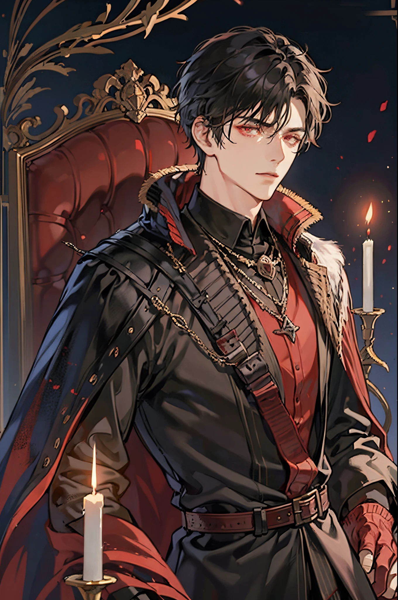 1 male, adult, adult face, short messy black hair with side bangs, handsome, blood red eyes, detailed eyes, condescending, arrogant, royalty, tyrannical ruler, medieval fantasy, dark souls, close up, condescending, candles background