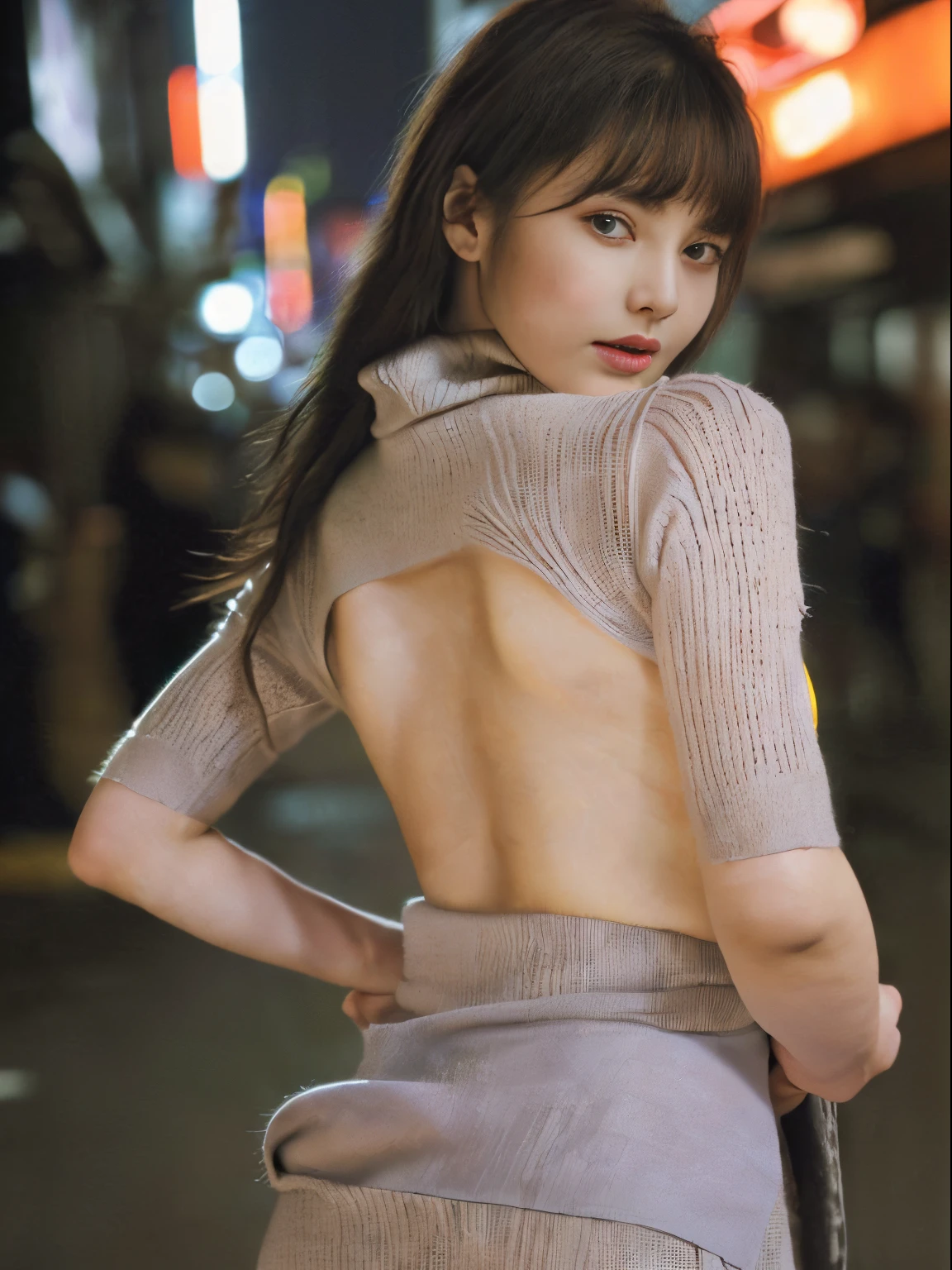(top-quality、8K、masterpiece:1.2), (Japan beautiful girl、cute little:1.6)、(18year old、Amazing beauty、the golden ratio:1.5)、 (Very fine eye definition, Symmetrical eyes:1.3), (Brown eyes, Parted bangs, Shining brown long hair:1.2)、(Stunning proportions、Perfect body without contradiction、Perfect limbs without contradiction:1.7)、(shinny skin、natural make up:1.2)、(Beautiful large breast:1.6)、(Constricted waist、abdominals:1.5)、(knit apron dress、turtle neck、greys、The chest and back are boldly open.:1.7)、(high-heels:1.5)、(Stick out your hips、Exposed chest、Exposed back、sexypose:1.6)、(Looking at the camera:1.3)、outside of house、(Downtown alleys at night when no one is around:1.2)、the wind、optic、blurry backround