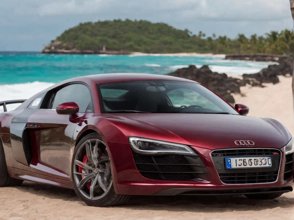 Maroon Audi r8 2008 on a tropical island