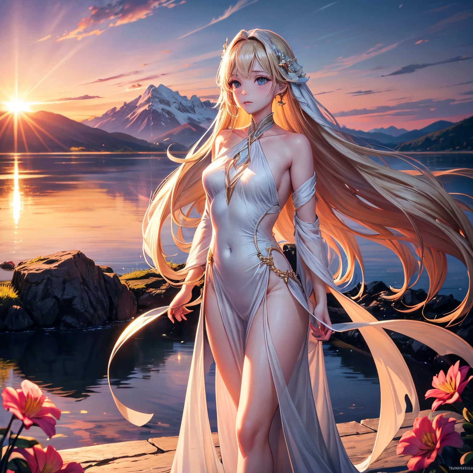 1 girl, with a calm expression, mesmerizing eyes, straight long hair, A flowing dress, calm pose, porcelain skin, Subtle blush, Crystal PendantBREAKGolden Moment, (edge lit):1.2, warm color palette, sunflare, in pastel shades, Vibrant colors, painterly effect, Great atmosphereBREAKScenic lake, Far Mountain, curling, Calm water, reflector, Clouds illuminated by sunlight, tranquil ambiance, Idyllic sunsets, ultra - detailed, offcial art, Unity8k wallpaper , tangled, datura