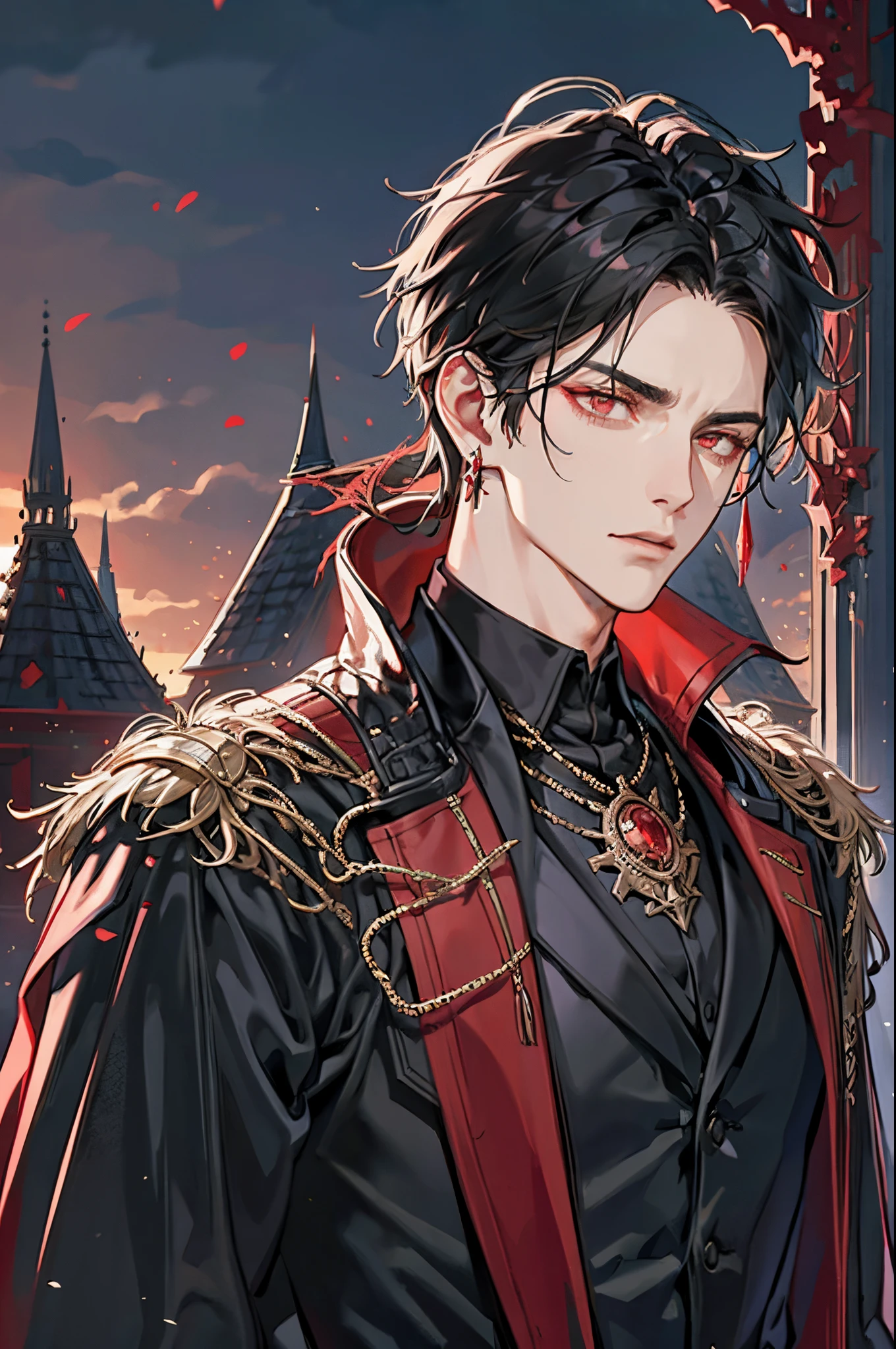 1 male, adult, adult face, short messy black hair , handsome, beautiful, blood red eyes, detailed eyes, condescending, arrogant, royalty, tyrannical ruler, dark souls, close up, condescending, medieval castle background,  earrings