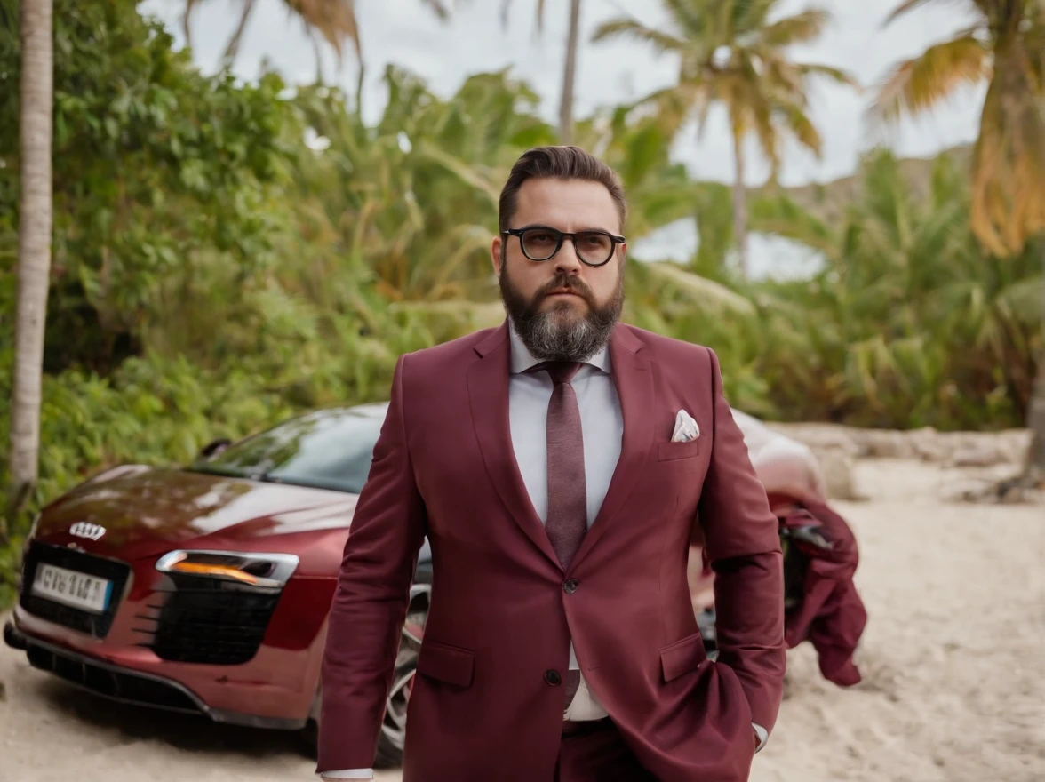 Fat greek man with a beard in a maroon suit and square glasses walking on a tropical island, thinking about his husband with a maroon audi r8 from 2007 in the background