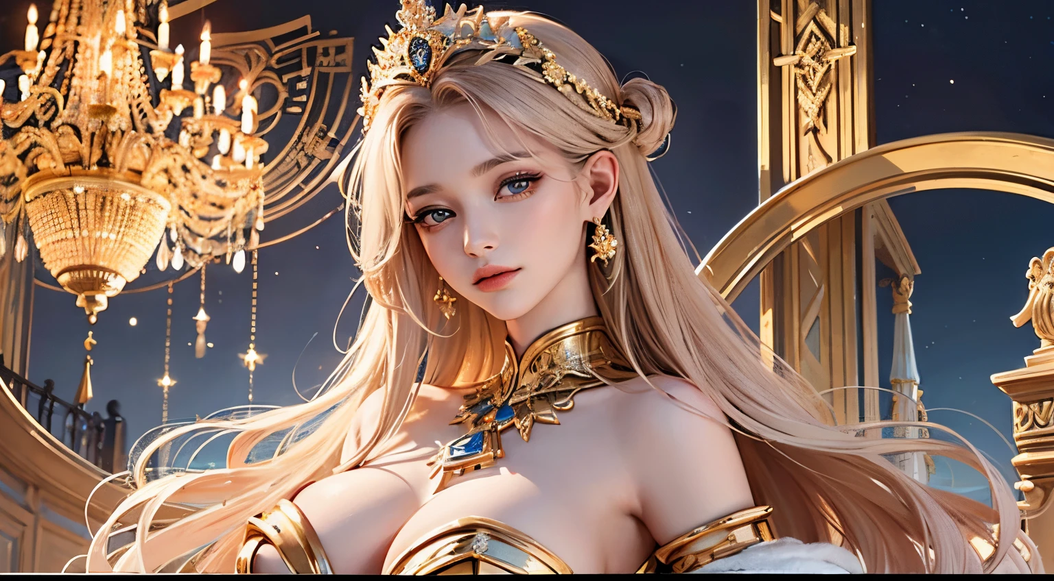 Absurd, ultra-detailed, high quality, masterpiece, detailed face, beautiful eyes(detailed eyes), Greek mythology, Goddess, Hera , the queen of the gods, striking and captivating, features are classically beautiful, with high cheekbones, a perfectly proportioned face, eyes depicted as large and captivating, hold an intense gaze, golden hair , Gole hair is luxuriant and flowing, cascading down her back in waves , wearing elegant robes adorned with intricate patterns , Her beauty is not merely superficial but embodies the essence of power, authority, and regality.