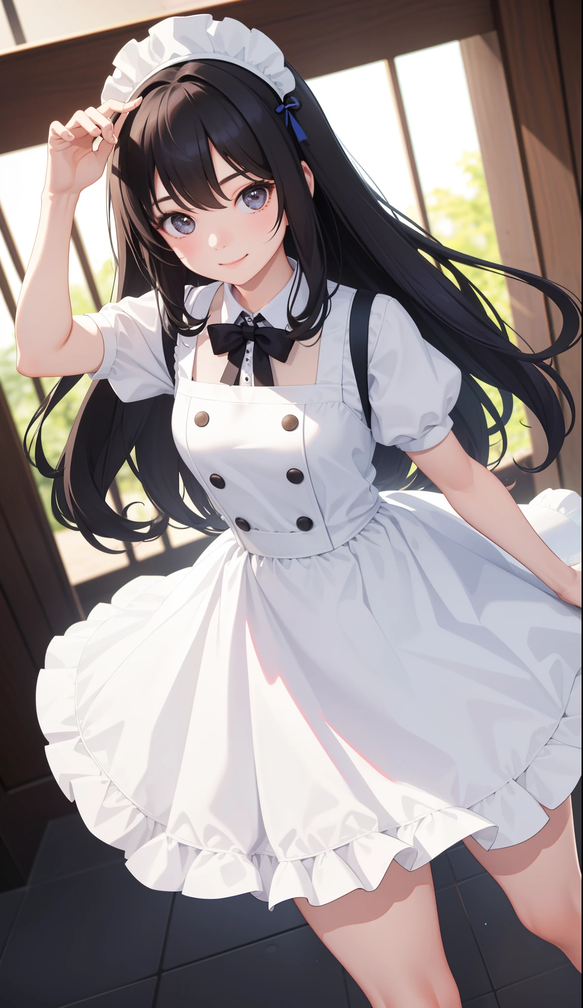 1girl in、AS-Adult、realisitic、Realistis、３Ｄ、A smile、The shirt、skirt by the、（small tits）、doress、pinafore、hair adornments、（Maids）、Upper body portrait、