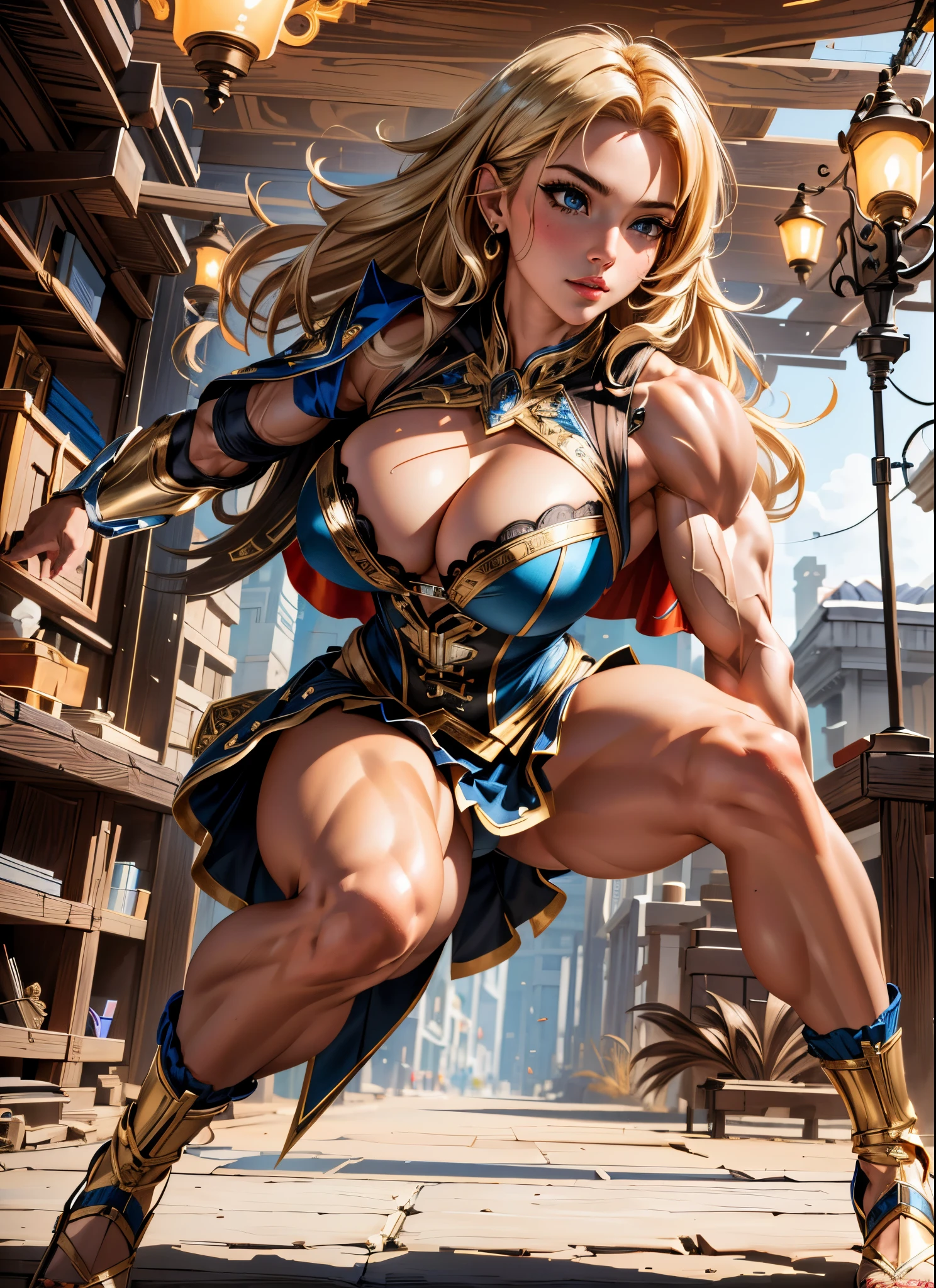 (masterpiece:1.4), (best quality:1.4),extremely detailed, intricate, hyper detailed, 1girl, Blonde hair, dress, down on one knee, (perfect_face), 4k, detailed_background, full_body, a close up of a woman in a ripped and torn costume, black corset skirt combo, gold inlay, red cape, hyper detailed, zenescope, bodybuilder superhero bikini, muscular super hero women, artgerm comic,  extremely detailed artgerm, ((((Huge Muscles))))