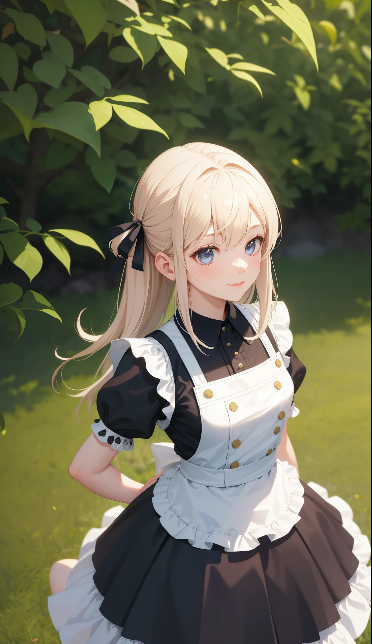 1girl in、AS-Adult、realisitic、Realistis、3D、A smile、The shirt、skirt by the、(small tits)、doress、pinafore、hair adornments、(Maids)、Upper body portrait、