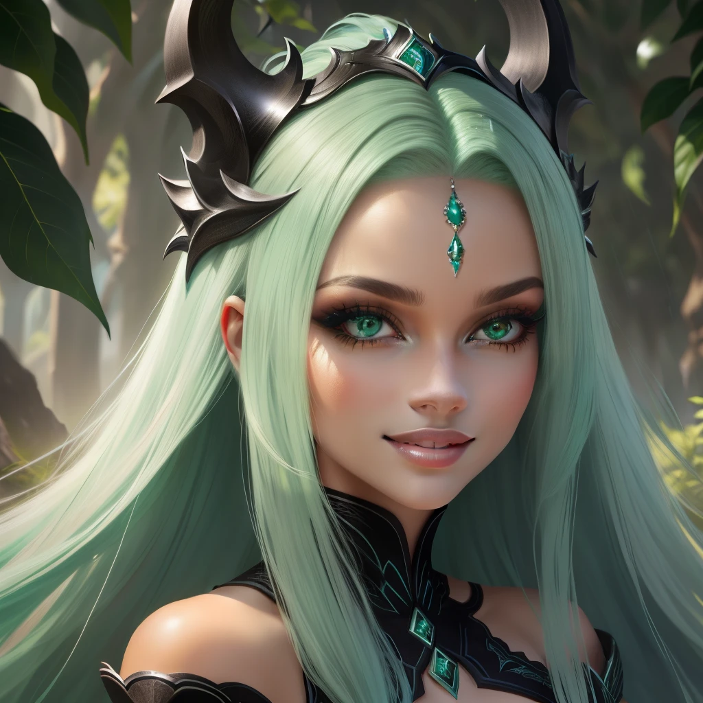 #cabelo verde #rainha dragao #olhos cores diferentes #asas negras #sorriso sereno
