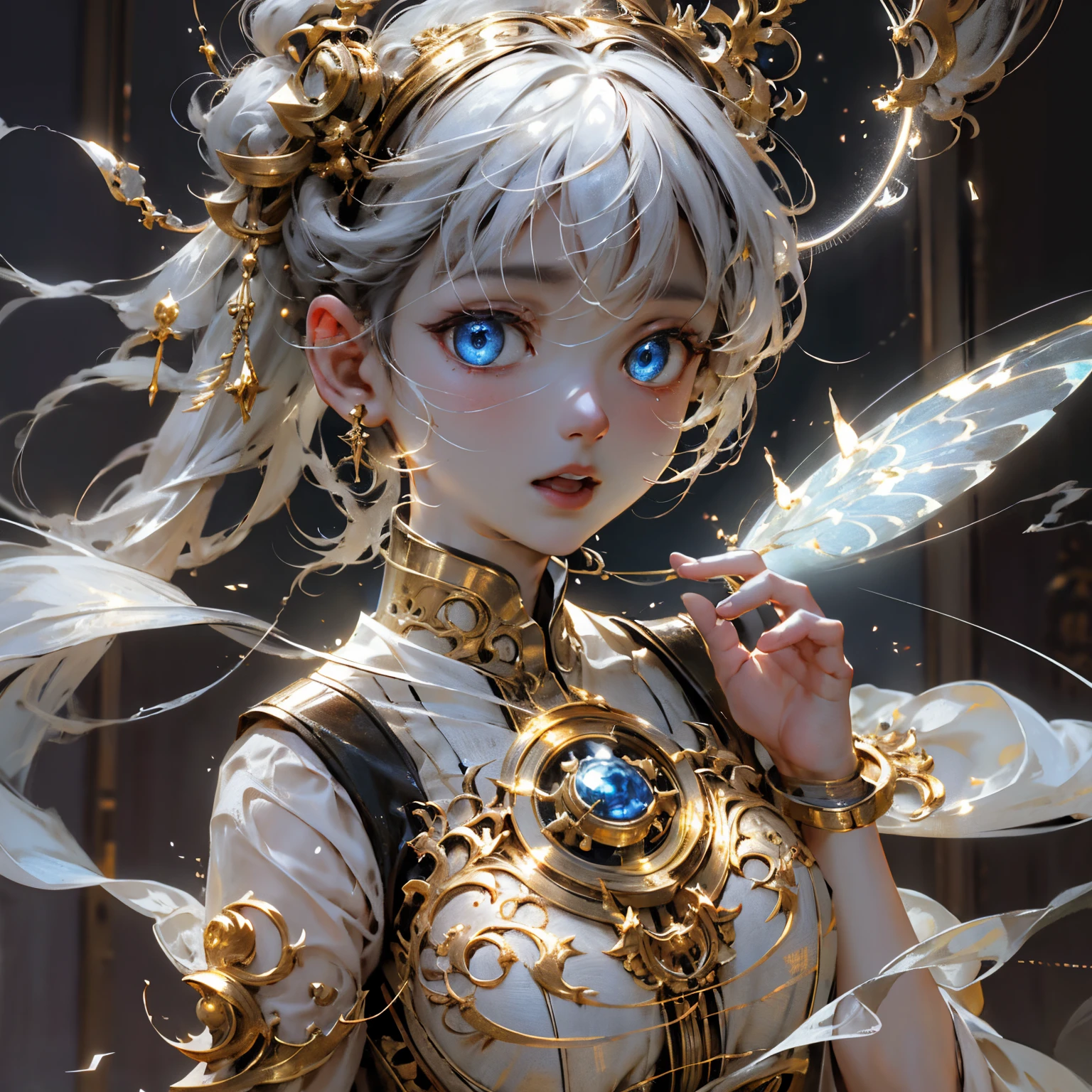 A group of trainees,period costume,Fairy style,Ancient clothes,The expression is helpless,The expression is guilty,ruri,Glazed white hair,smog,white light,strong lights,Glazed blue top,Bracers,Glazed blue pants,blueglow,drak。4k,k hd,ultraclear,lightning bolt,ultra-realistic realism,hyper-detailing,eyes glowing,Close up