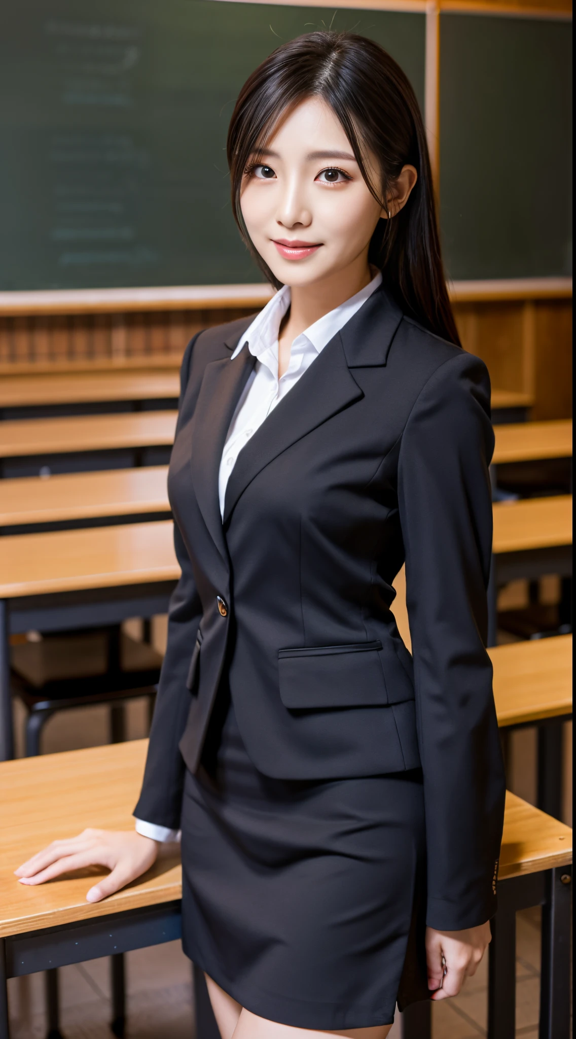 4k,8k,16k,32k, high-resolution ,realistic, photorealistic, RAW photo,ultra realistic photo ,Best Quality, High Quality, Face Focus,beautiful makeup ,Japanese woman ,30 years old ,Woman's businessblack Suit ,black business black tight skirt,frontage,full body shot,Classroom, Sony