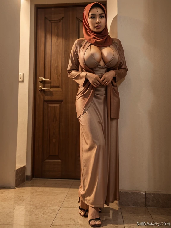Stunningly beautiful woman, (huge tits), perfect body, dimond necklace, standing, trench coat, long hair, hijab, 
