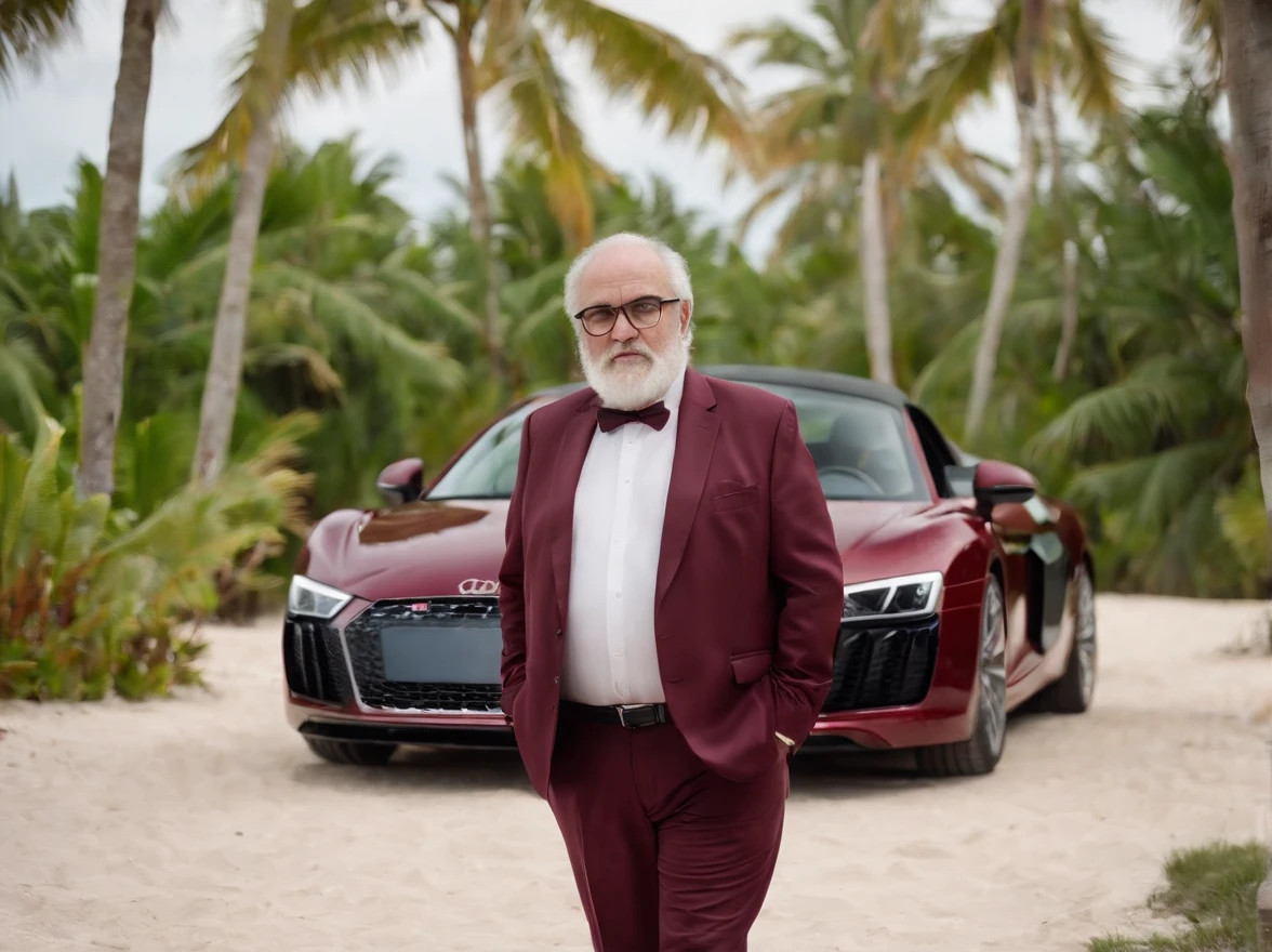 Fat old greek man with a beard in a maroon suit and square glasses walking on a tropical island, thinking about his husband with a maroon audi r8 from 2007 in the background