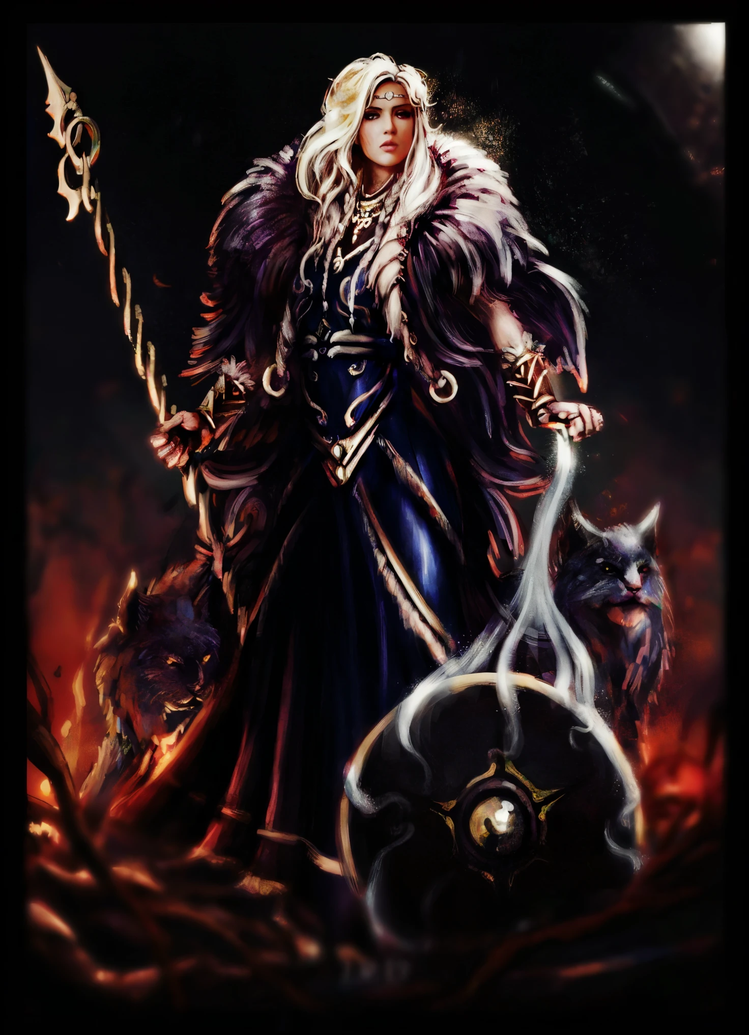 uma pintura de uma mulher linda, jovem, loira cabelos muito longos com um vestido longo segurando uma espada, Norse God, Norse goddess, norse warrior, Mago da Raposa Negra, O Deus do Caos, mago de fogo, Retrato completo do elementalista, mago da fantasia, O Deus Hades, pintado no estilo arcano, epic fantasy character art, Hecate, viking shaman, divindade de cabelos brancos, mago feminino