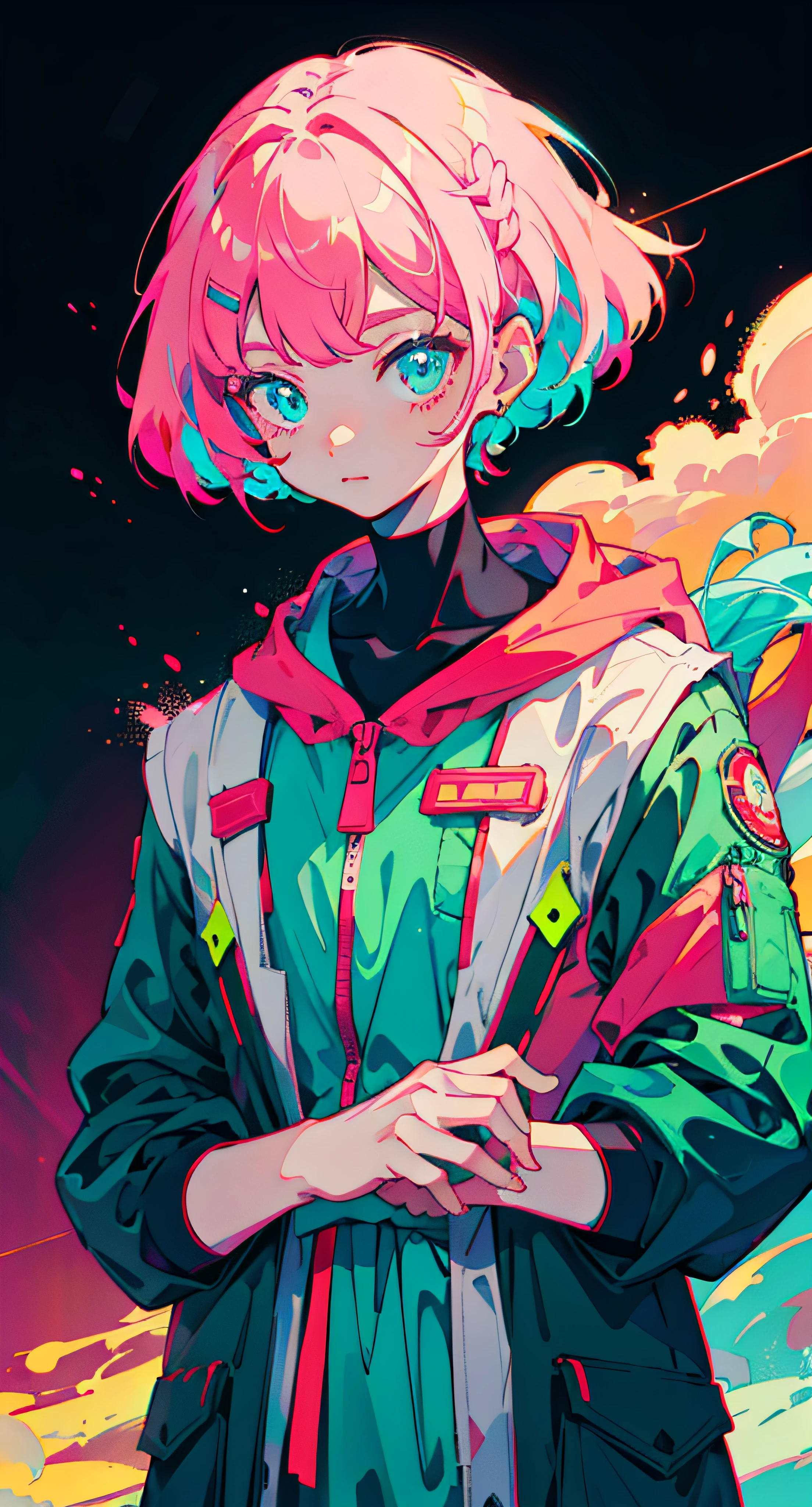 family anime, vestindo trajes de astronautas, cabelo neon, e cores rosa, Cicatrizes, Adesivos, estilo neon de tiro inteiro, Pose legal..pinky..cores de fundo