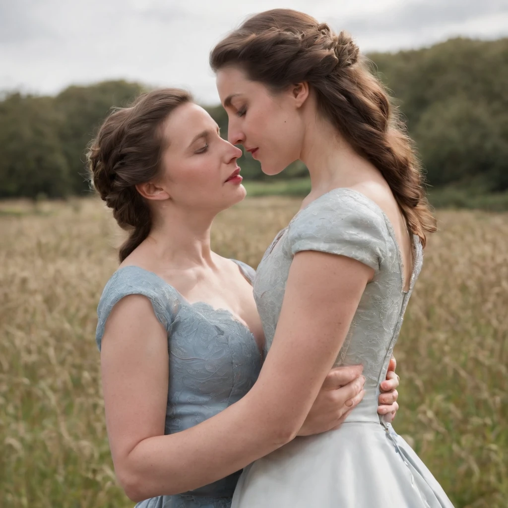 sexy princess anne of the UK age 20, lesbian, embracing her lesbian 20 year old lover who is a lover and a commoner and passionately kissing on the mouth and hands on each other's breasts, full body