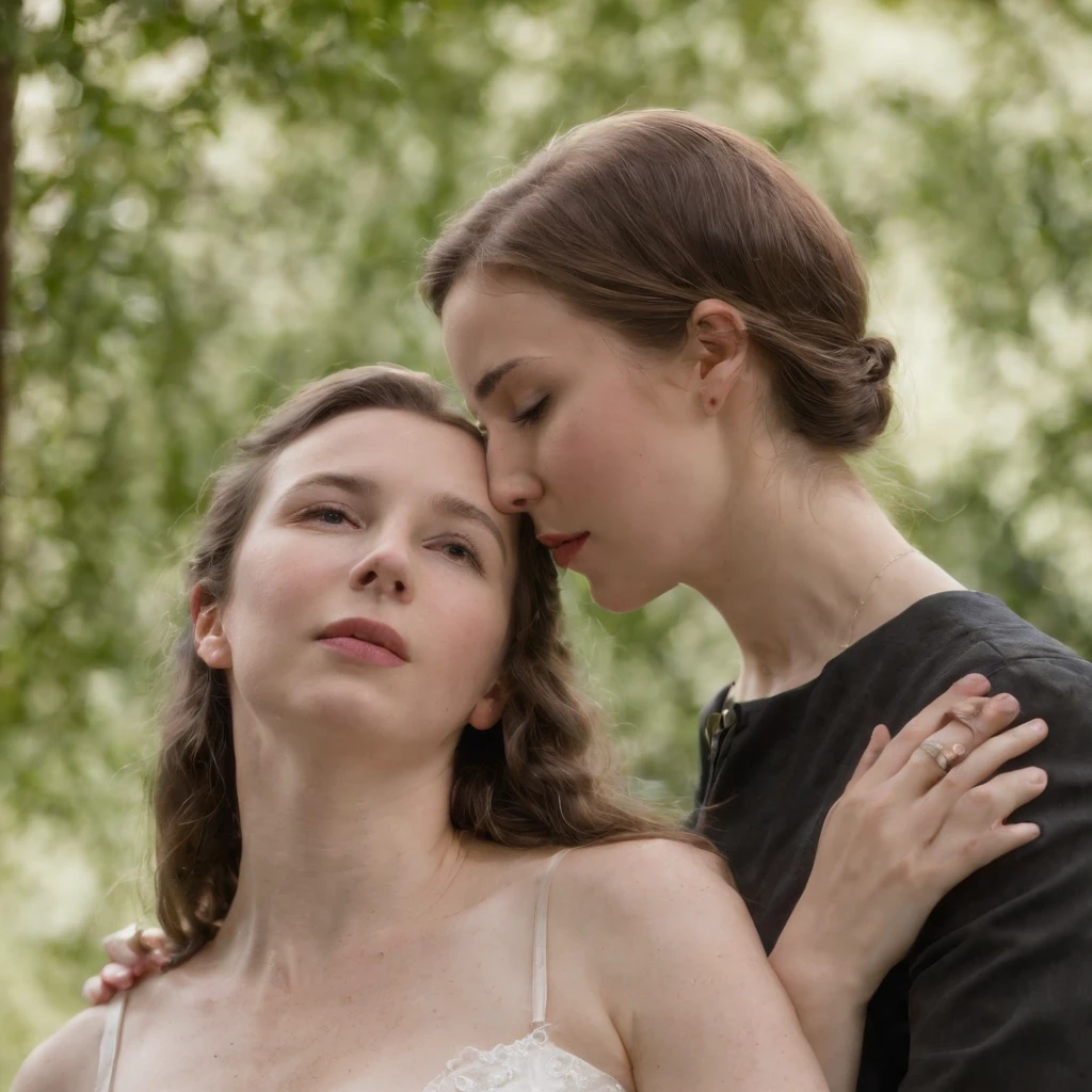 sexy princess anne of the UK age 20, lesbian, embracing her lesbian 20 year old lover who is a lover and a commoner and passionately kissing on the mouth and hands on each other's breasts, full body