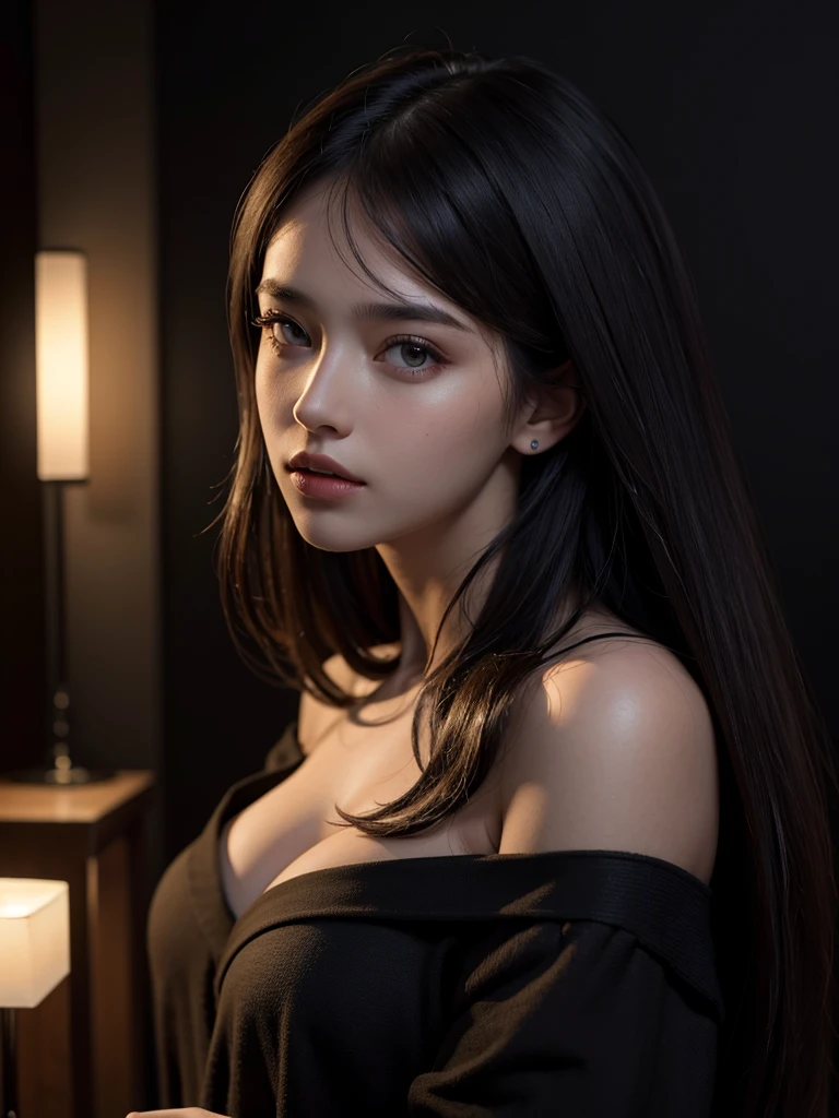 Best quality, masterpiece, ultra high res, (photorealistic:1.4), raw photo, 1girl, offshoulder, in the dark, deep shadow