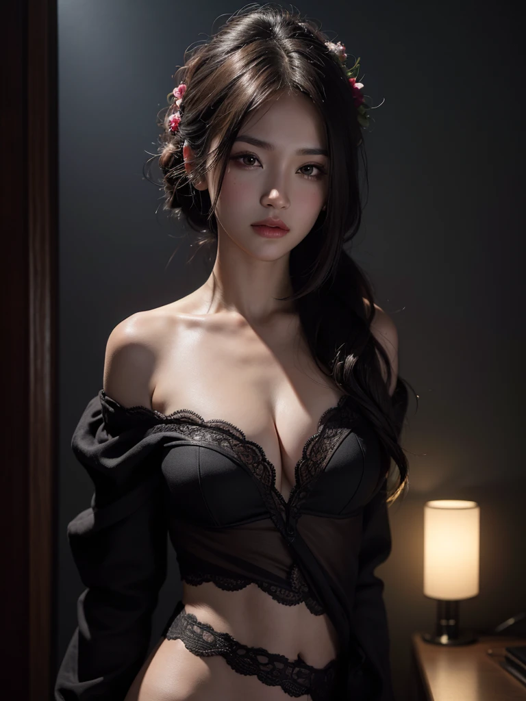 Best quality, masterpiece, ultra high res, (photorealistic:1.4), raw photo, 1girl, offshoulder, in the dark, deep shadow