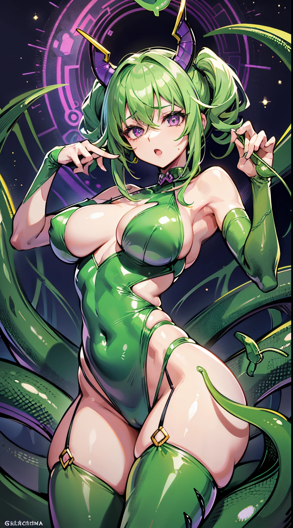 Cartoon photo of a woman in a green and purple costume、Insecto caliente hembra humanoide、Estilo Guyver、NSFW version、Akame、Escarabeploide、tentacles imitating a snake's tail、、alien queen、Pose serpentina、