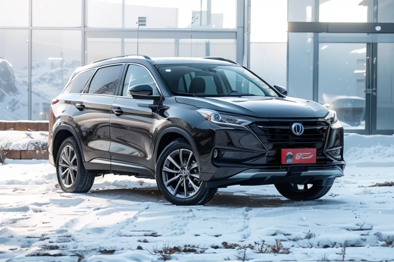 Refer to this picture of the car model,Regenerate snow mountain background,snow scene