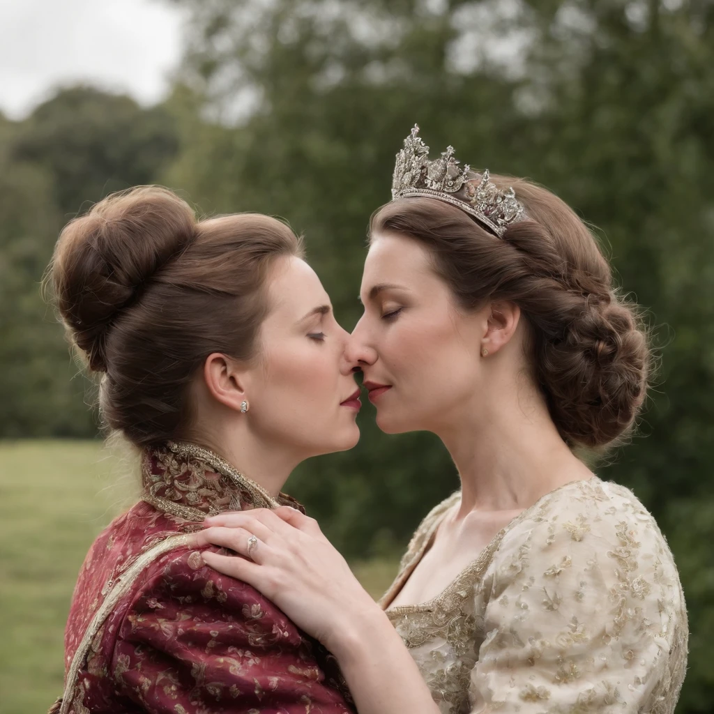 sexy princess anne of the UK age 20, lesbian, embracing her lesbian 20 year old lover who is a lover and a commoner and passionately kissing on the mouth and hands on each other's asses, full body