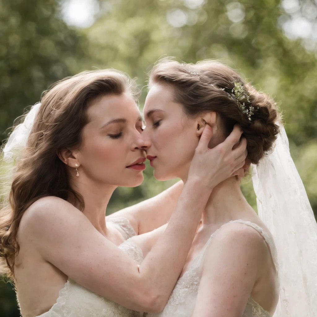 sexy princess anne of the UK age 20, lesbian, embracing her lesbian 20 year old lover who is a lover and a commoner and passionately kissing on the mouth and hands on each other's breasts, full body