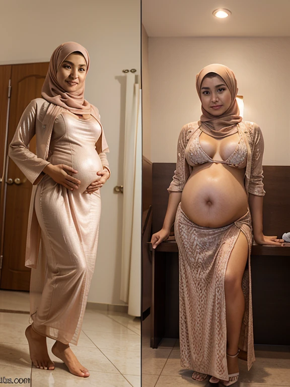 Malay, 20 years old, sexy, cute, mature tan, full body, lust, realistic, 8k, detailed finger, Sabah, baju kurung, wearing hijab, perky boobs, pregnant
