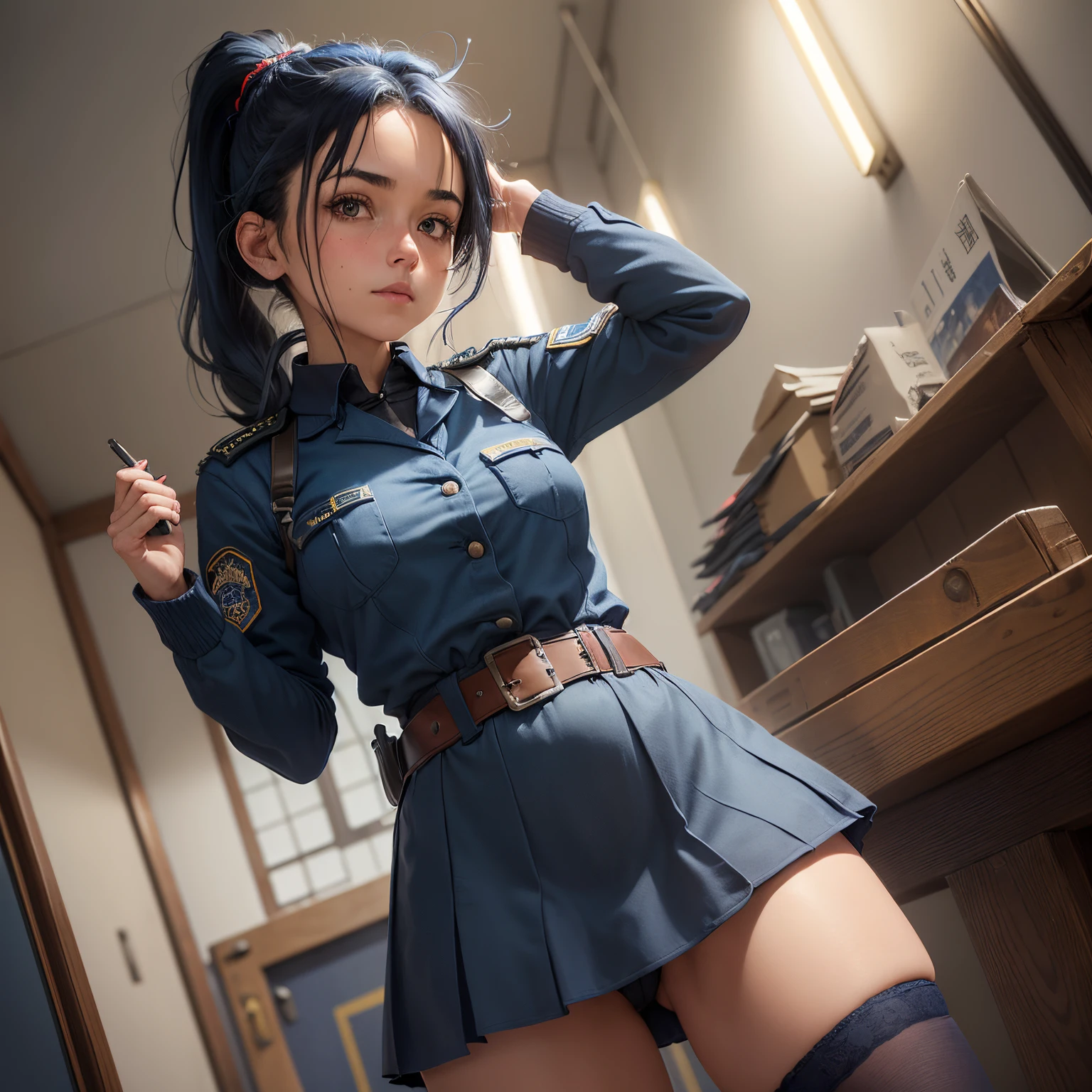 1girl in, Solo, Laura S. Alceid (long dark blue hair, Ponytail and side van, small tit), (Inspired by the trail of cold steel) ,(Accurate Hand Modeling,),natta,You can see the starry sky,In a school dress showing off her panties, Wearing the uniform of the cadet school, embarrassed