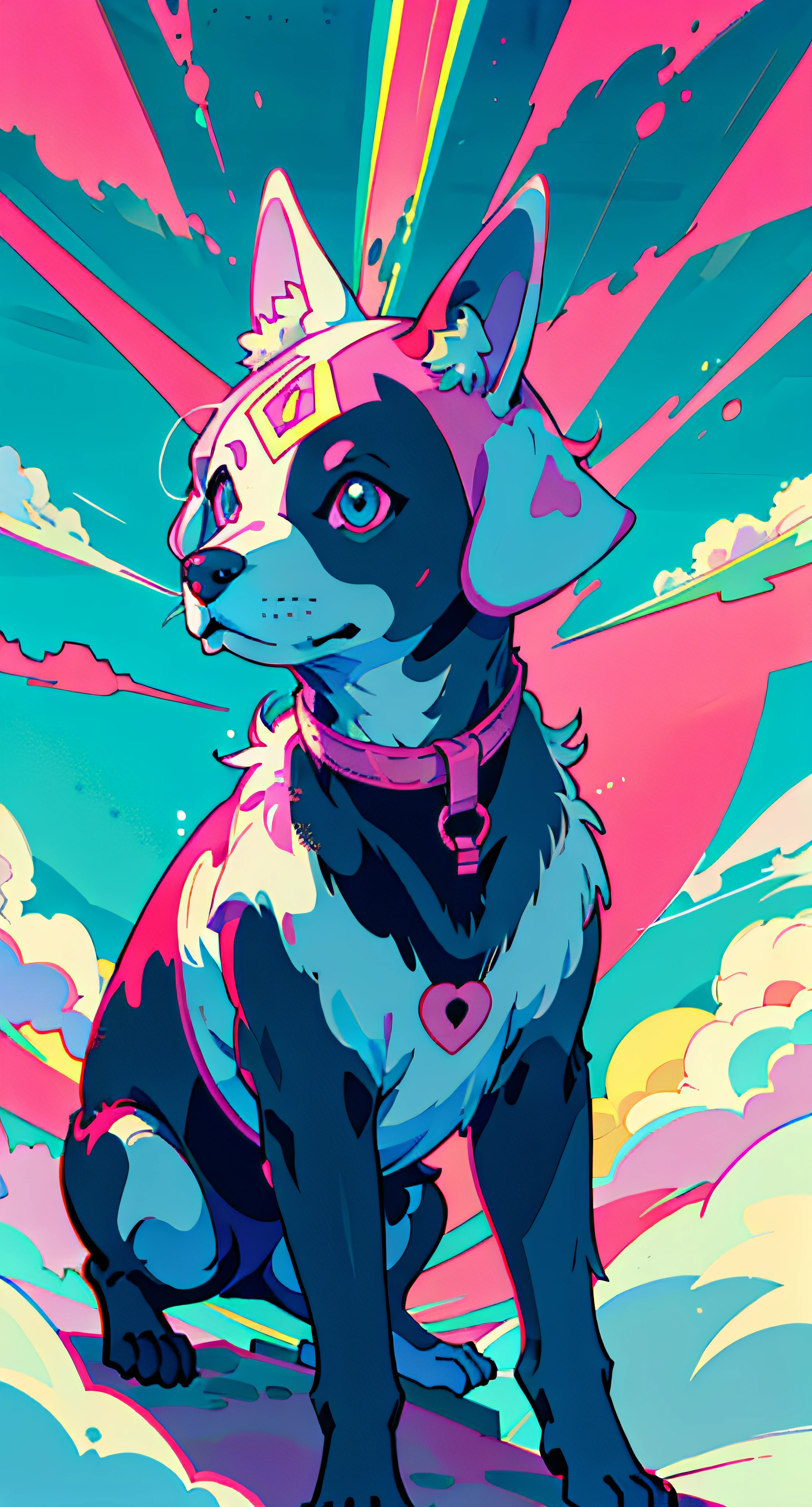 dog anime, vestindo, pelo neon, e cores rosa, Cicatrizes, Adesivos, estilo neon de tiro inteiro, Pose legal..pinky..cores de fundo