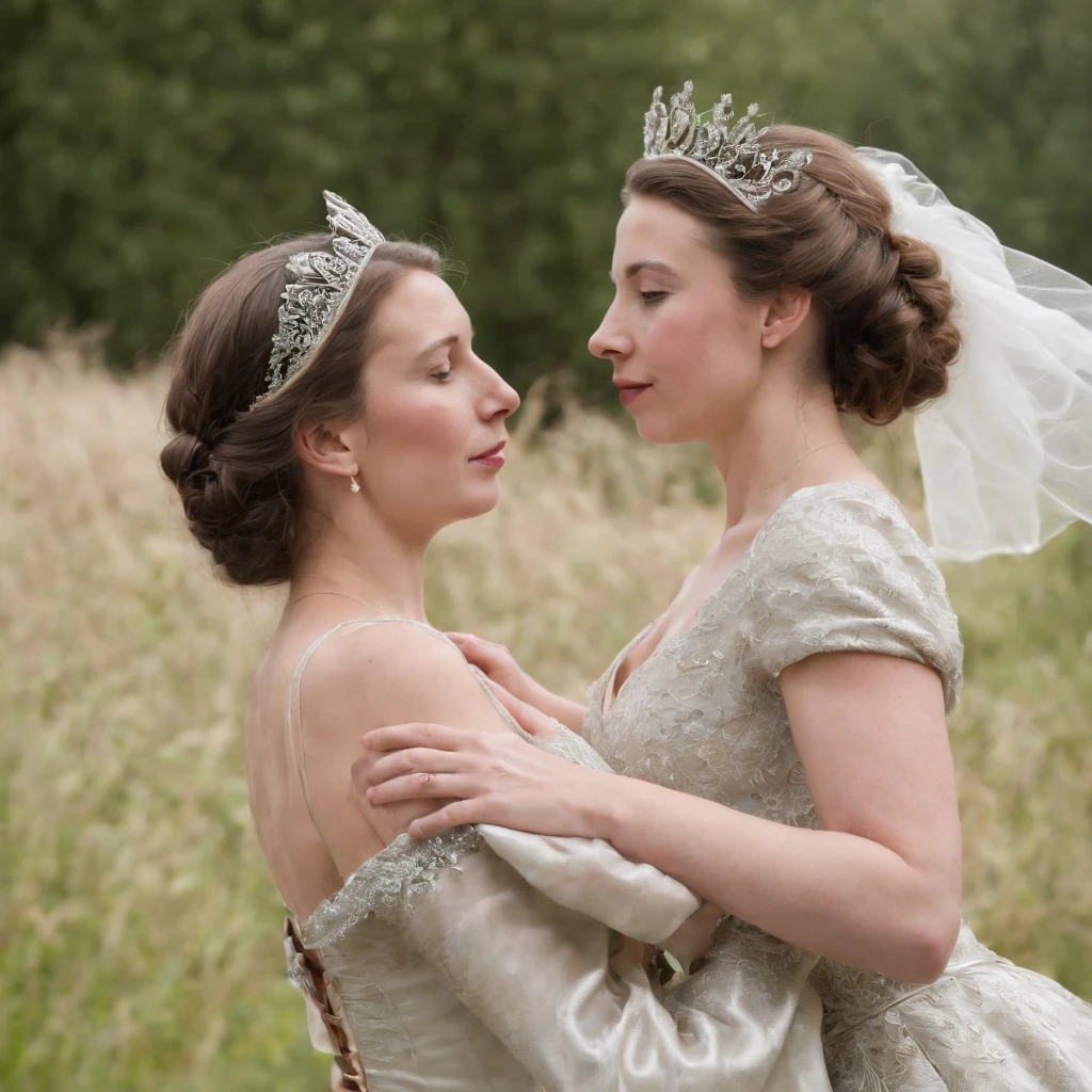 sexy princess anne of the UK age 20, lesbian, embracing her lesbian 20 year old lover who is a lover and a commoner and passionately kissing on the mouth and hands on each other's breasts, full body