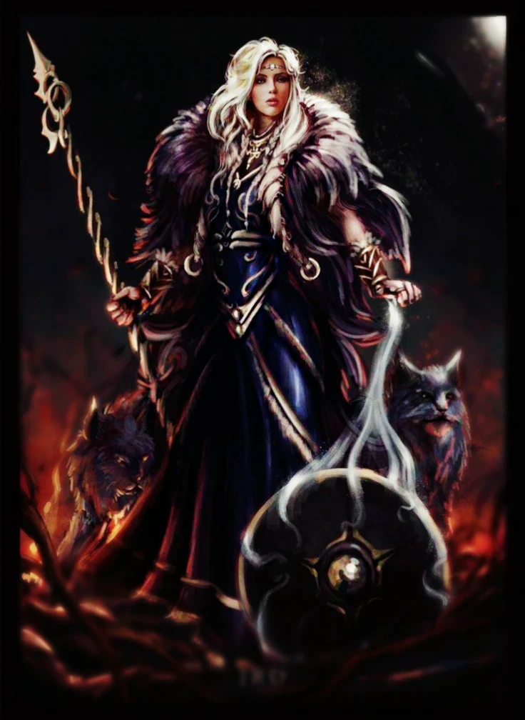 uma pintura de uma mulher linda, jovem, loira com cabelos muito longos com um vestido longo segurando uma espada, Norse God, Norse goddess with a beautiful and perfect face, olhos azuis, norse warrior, O Deus do Caos, mago de fogo, Mago da Raposa Negra, Hecate, Retrato completo do elementalista, hecate goddess, mago feminino, mago da fantasia, epic fantasy character art, O Deus Hades, pintado no estilo arcano, 8k, ultrarealista, Film painting