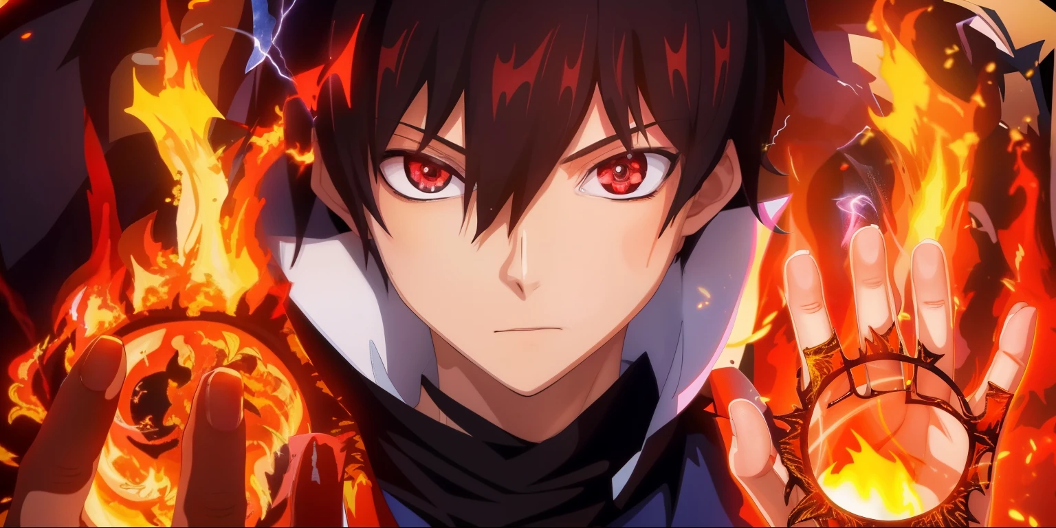 anime boy with a peace sign in his hand and flames around him, fire behind him, fire!! corpo inteiro, digital advanced anime art ", 8k!, feito com anime painter studio, Okata Kazuto., inspirado em Okumura Masanobu, anime moe artstyle, ele tem olhos de fogo, handsome japanese demon boy, Olhos de fogo, fire